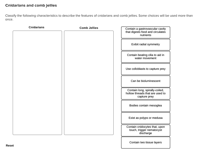 Solved Cnidarlans and comb Jellies Classify the following