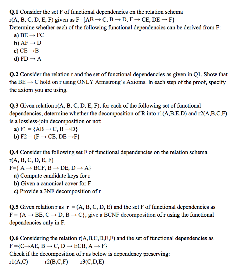 Q.1 Consider The Set F Of Functional Dependencies On | Chegg.com