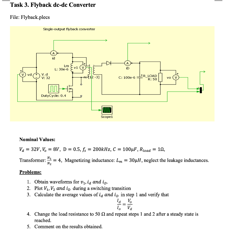 Task 3. Flyback dc-dc Converter File: Flyback.plecs | Chegg.com