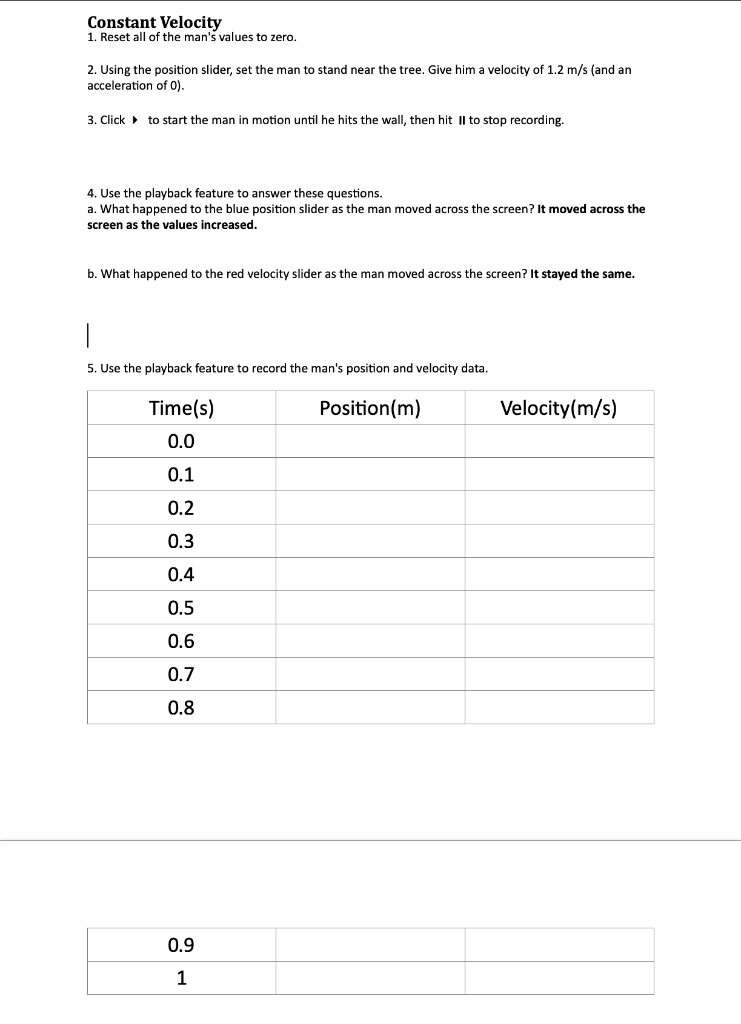 Constant Velocity 1. Reset all of the man's values to