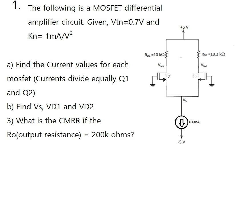 Solved 1. The following is a MOSFET differential amplifier | Chegg.com