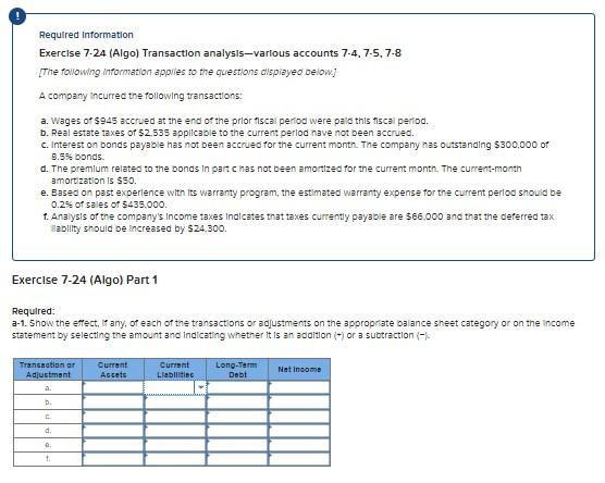 Solved Requilred Information Exercise 7.24 (Algo) | Chegg.com