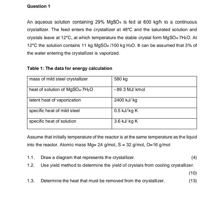 Solved An Aqueous Solution Containing 29mgso4 Is Fed At 600 7975