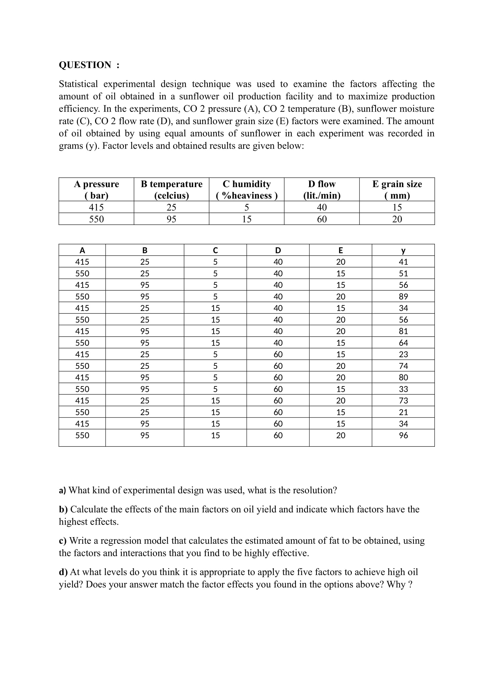 Solved QUESTION :Statistical experimental design technique | Chegg.com