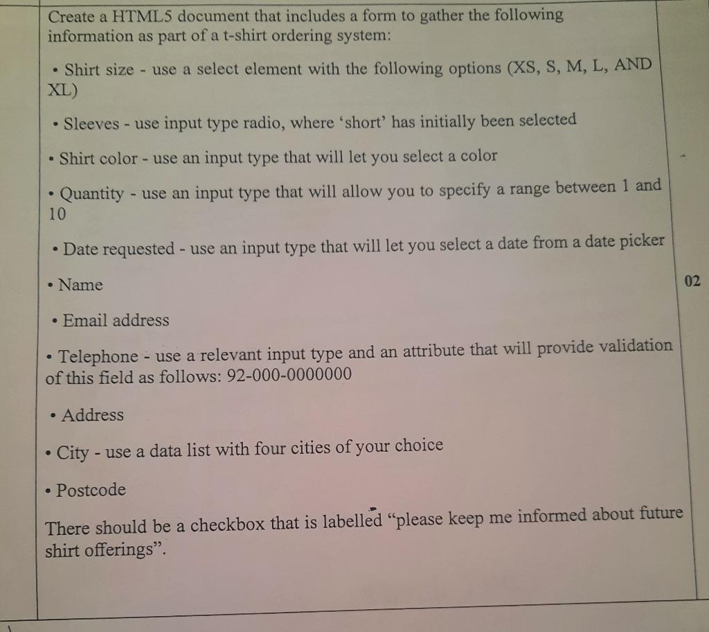 Solved Create a HTML5 document that includes a form to | Chegg.com