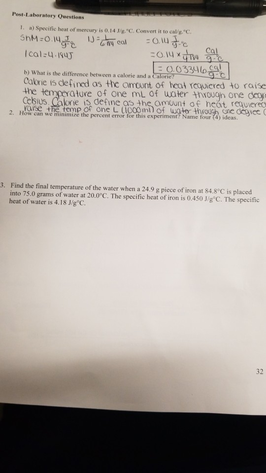 Solved Post Laboratory Questions 1 A Specific Heat Of M Chegg Com