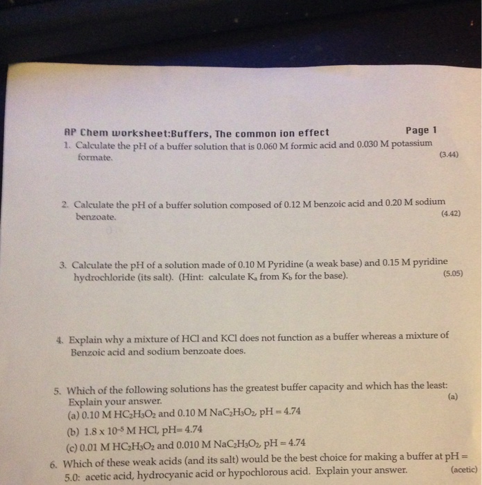 Solved Page 1 AP Chem worksheetBuffers, The common ion