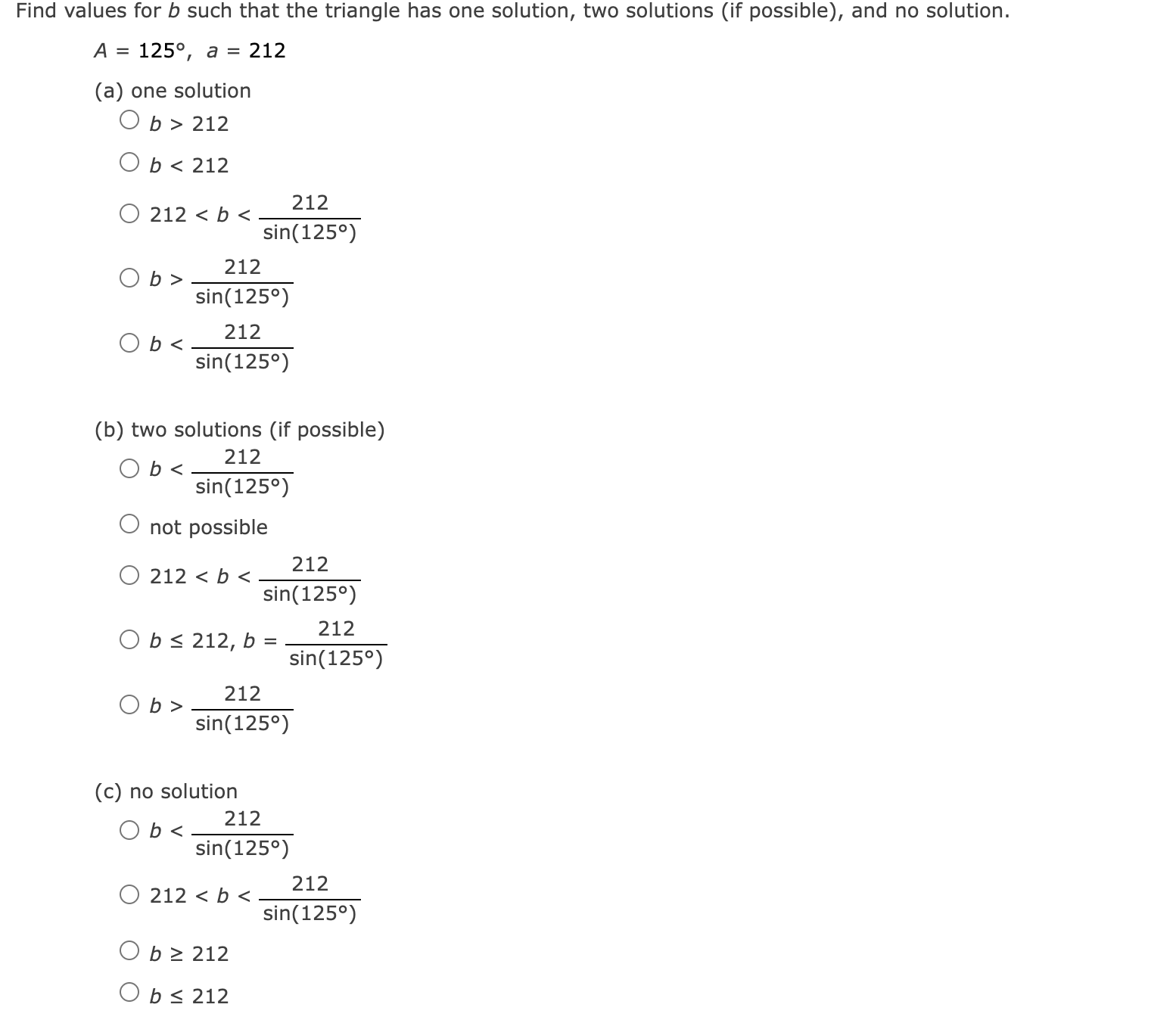 Solved values for b such that the triangle has one solution, | Chegg.com