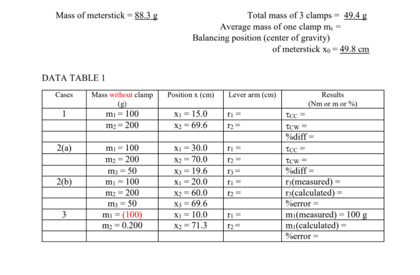 Solved Mass of meterstick = 88.3 g Total mass of 3 clamps =