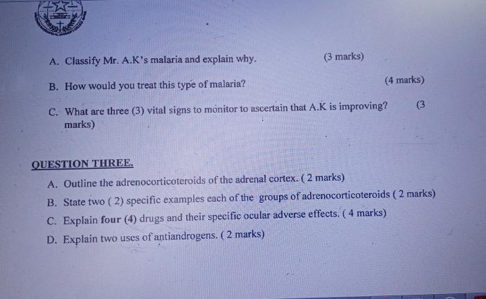 A. Classify Mr.A.Ks malaria and explain why. (3 marks) (4 marks) B. How would you treat this type of malaria? (3 C. What are