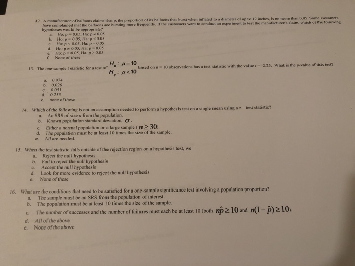 Solved 12. A manufacturer of balloons claims that p, the | Chegg.com