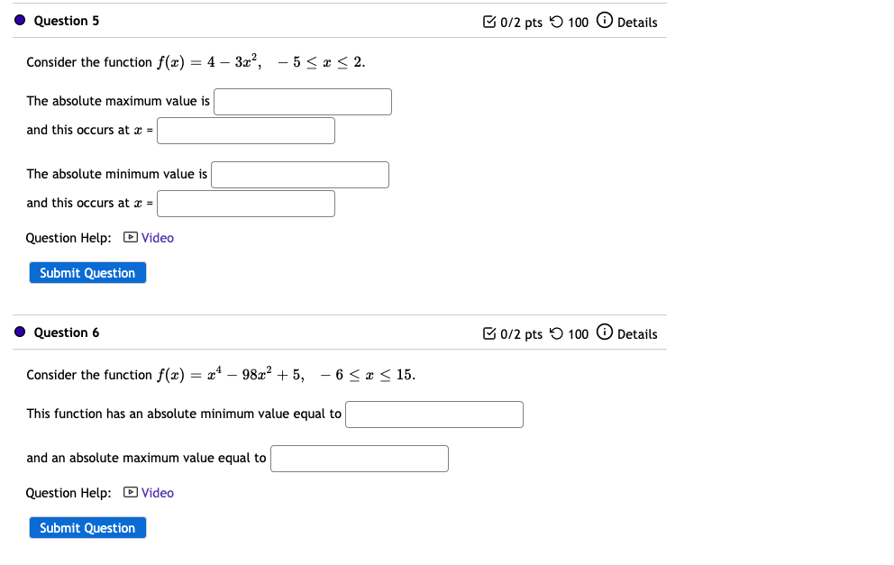 Solved Question 5 B0/2 pts 100 Details Consider the function | Chegg.com