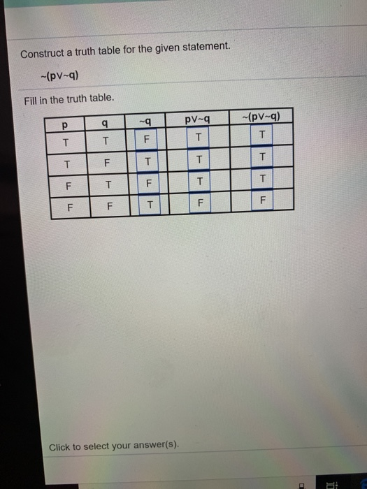 Solved Construct A Truth Table For The Given Statement. | Chegg.com