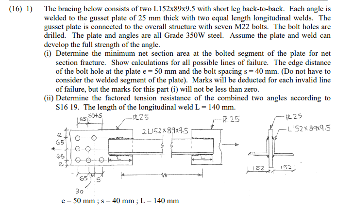 Solved (16) 1) The bracing below consists of two L152x89x9.5 | Chegg.com