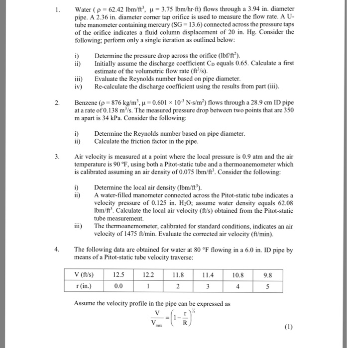 Solved 1. Water p 62.42 lbm/fts, u 3.75 lbm/hr ft) flows | Chegg.com