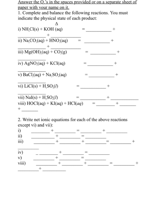 Solved 1. Complete and balance the following reactions. You | Chegg.com