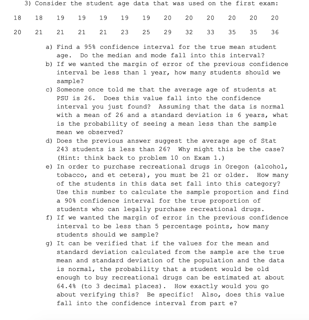 Solved 3) Consider the student age data that was used on the | Chegg.com