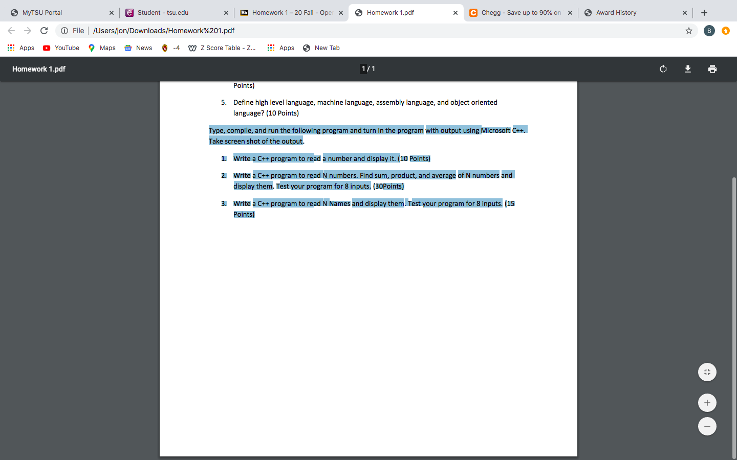 Solved MyTSU Portal e Student - tsu.edu Bb Homework 1 - 20 | Chegg.com