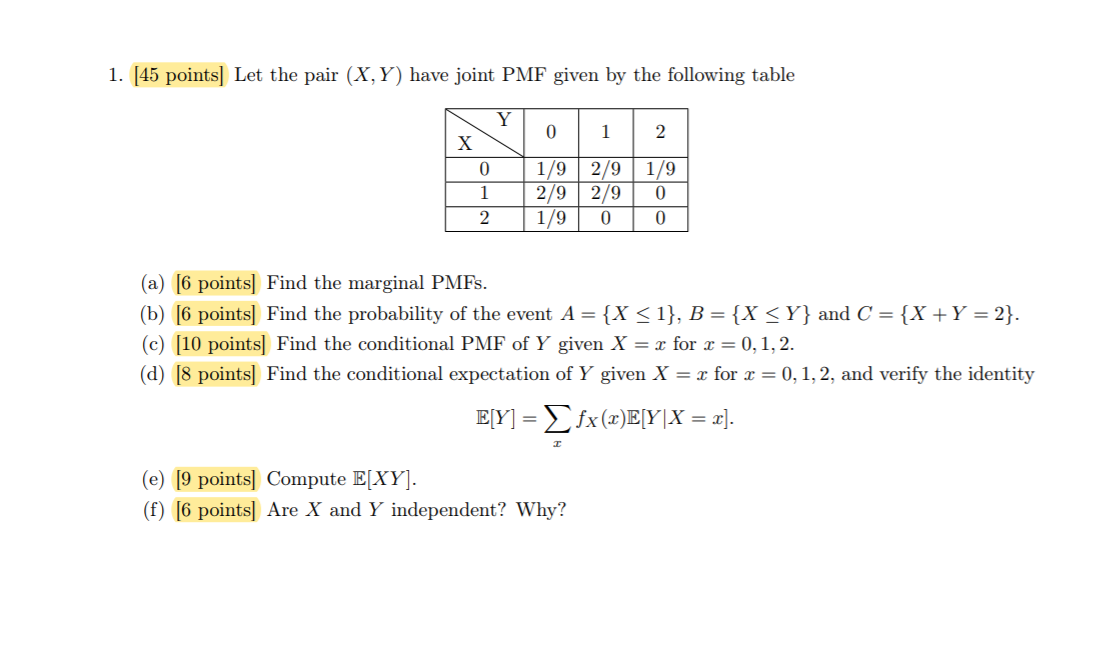 Solved 1. [45 points) Let the pair (X,Y) have joint PMF | Chegg.com