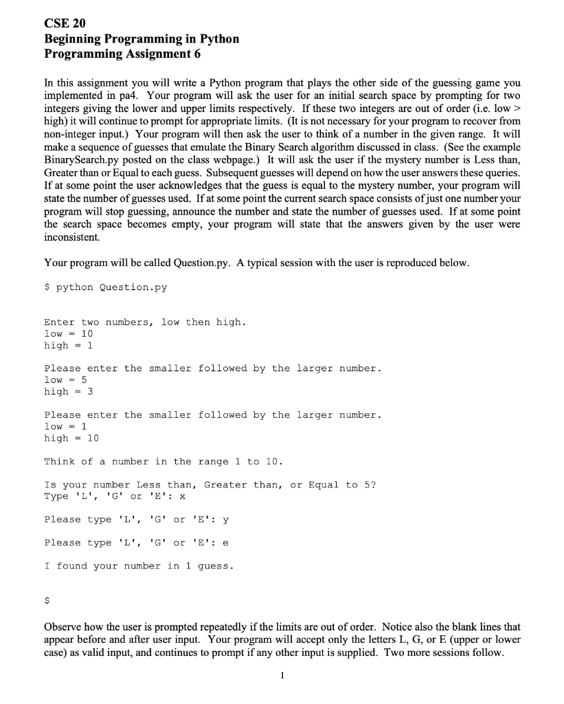 Solved CSE 20 Beginning Programming in Python Programming | Chegg.com