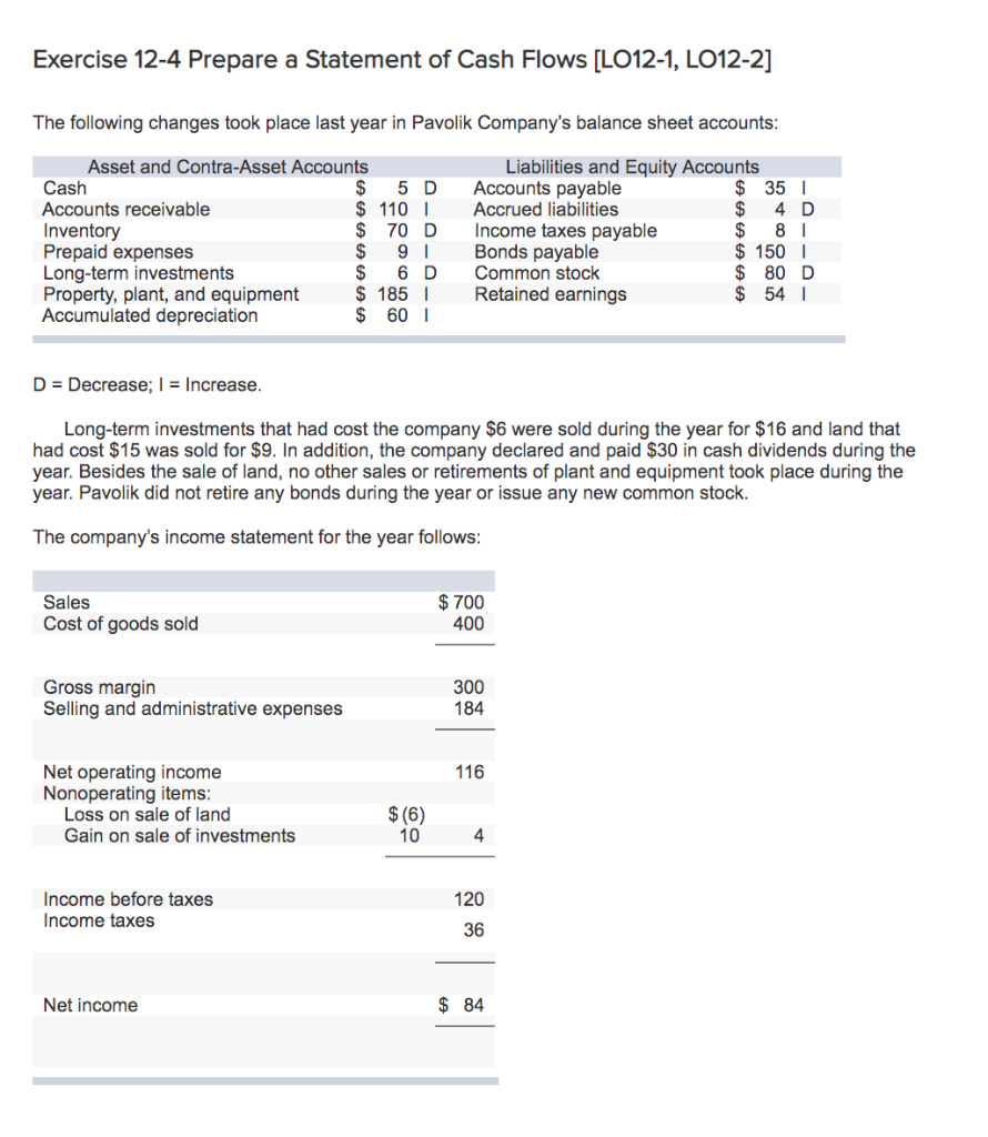 Solved Exercise 12-4 Prepare a Statement of Cash Flows | Chegg.com