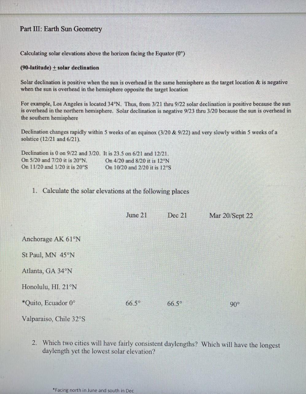 Solved Part III: Earth Sun Geometry Calculating solar | Chegg.com