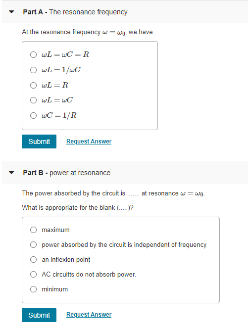Solved Part A - The resonance frequency At the resonance | Chegg.com