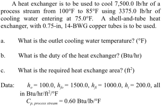 Solved A heat exchanger is to be used to cool 7,500.0 lb/hr | Chegg.com