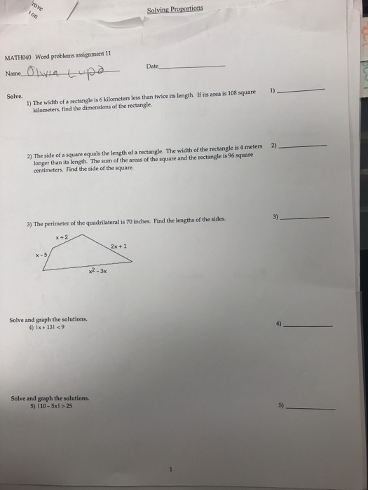 Solved MATH040 Word problems assignment 11 Date Solve. 1) | Chegg.com