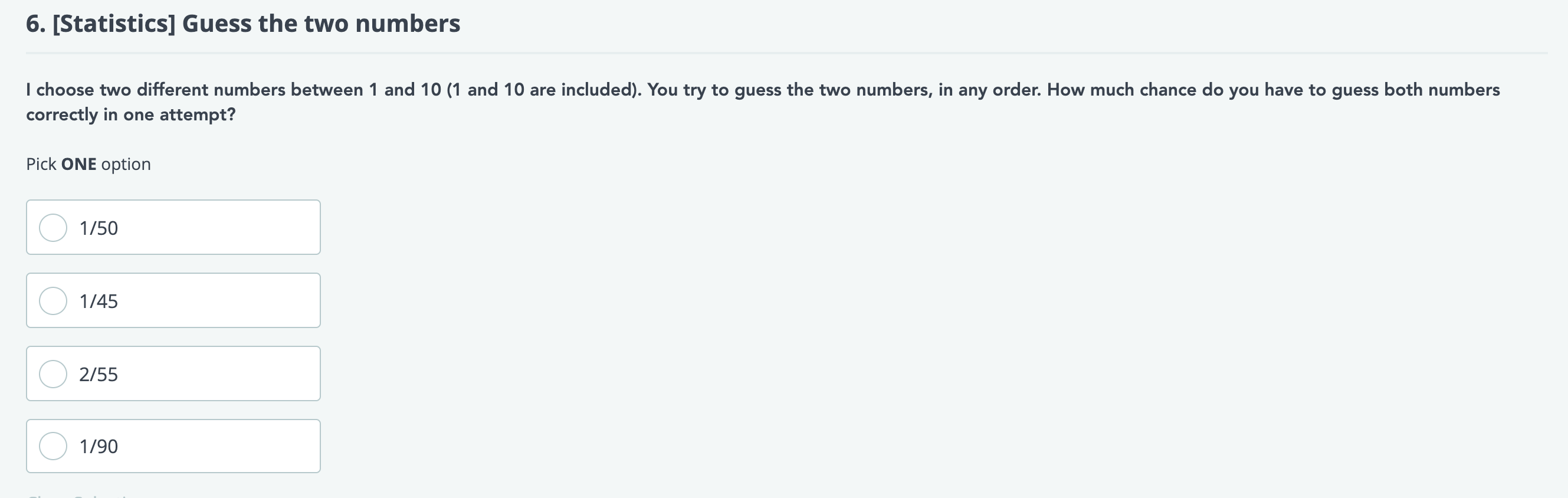 Solved 6. [Statistics] Guess the two numbers I choose two | Chegg.com
