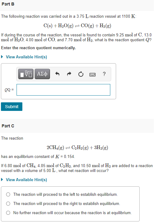 Solved Part B The following reaction was carried out in a | Chegg.com