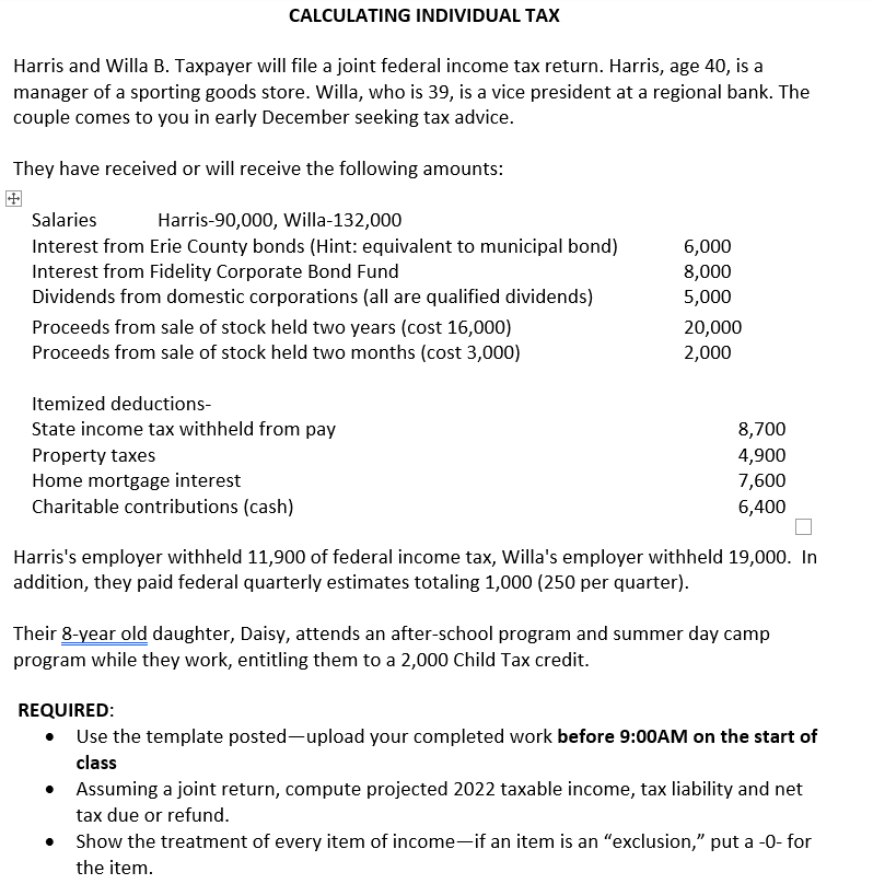 CALCULATING INDIVIDUAL TAX Harris And Willa B. | Chegg.com