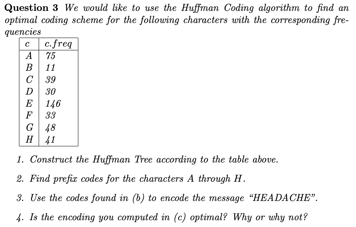 Solved Question 3 We Would Like To Use The Huffman Coding