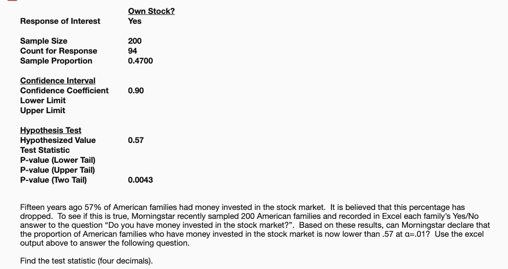 Solved Own Stock? Response of Interest Yes 200 Sample Size