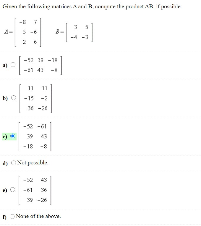 Solved Given the following matrices A and B, compute the | Chegg.com