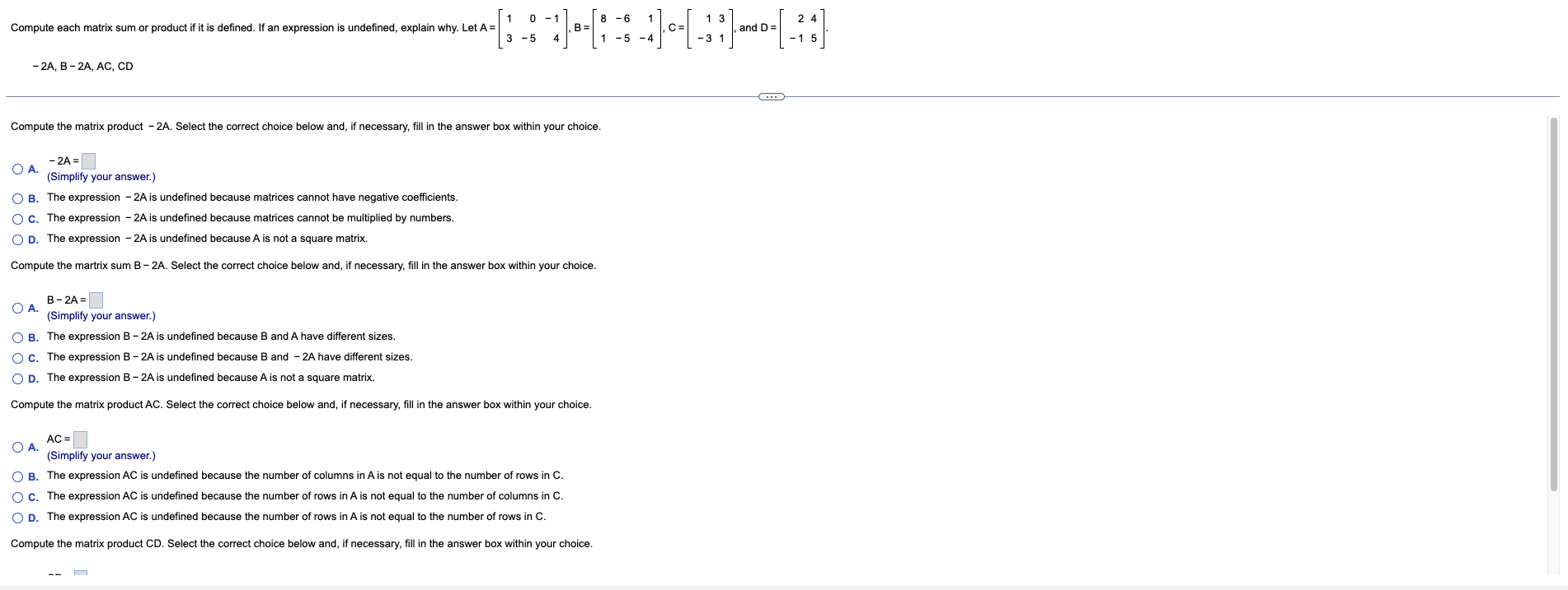Solved 0-1 8-6 13 2 --------- B= , and D= 4 15-4 -3 1 15 C | Chegg.com