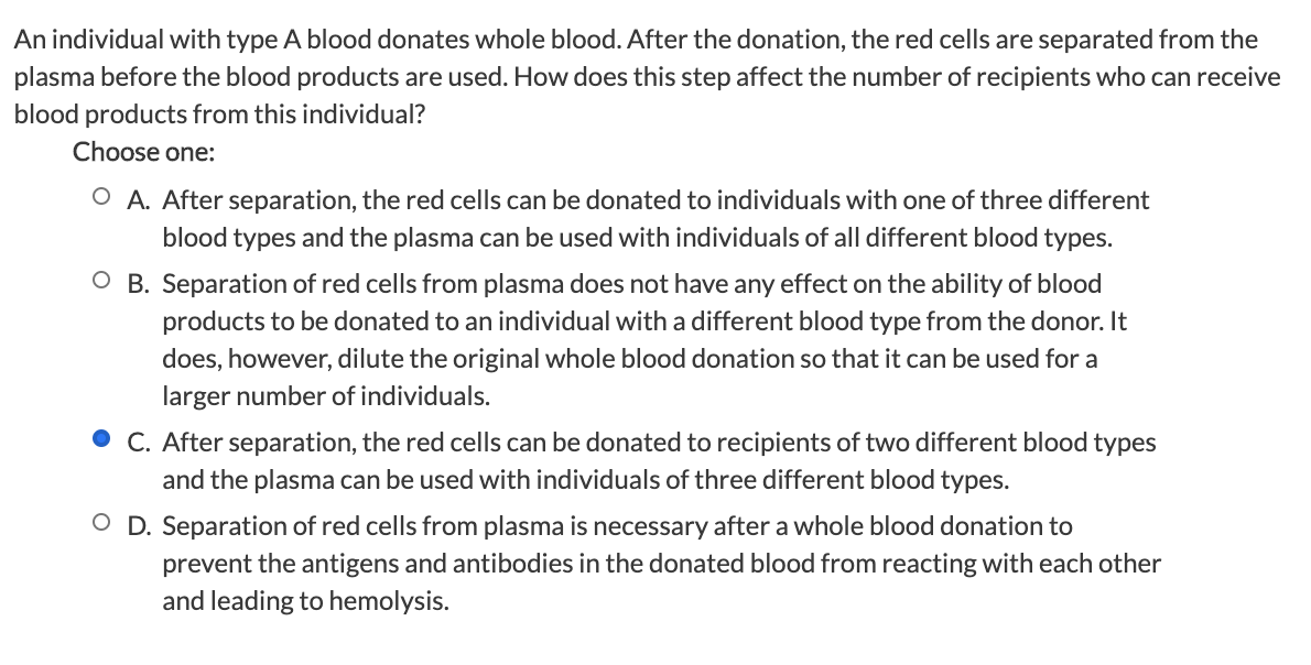 Solved An individual with type A blood donates whole blood. | Chegg.com
