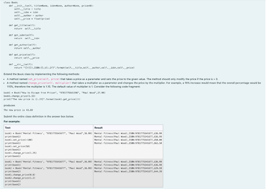 Solved class Book: def __init__(self, title=None, isbn=None, | Chegg.com