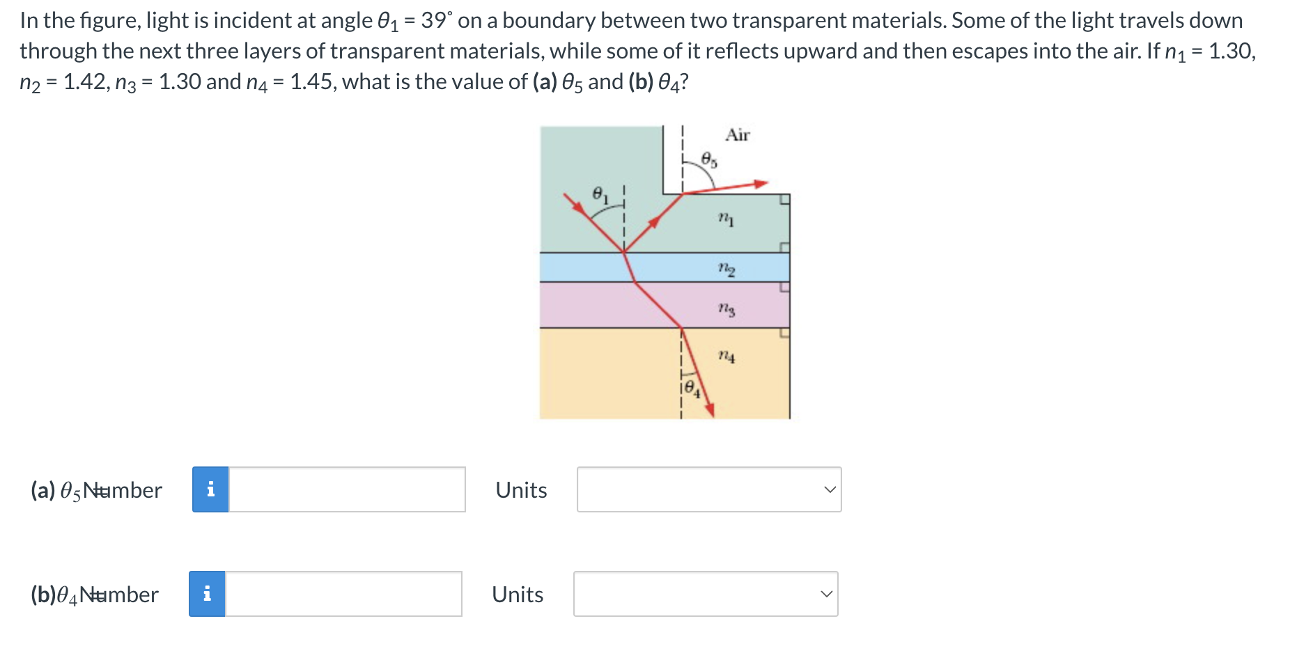 Solved In the figure, light is incident at angle θ1=39° ﻿on | Chegg.com