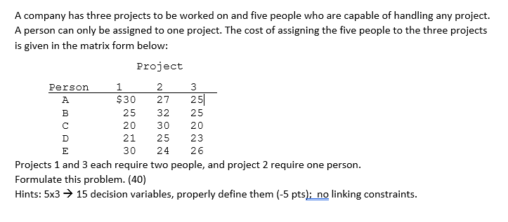 Solved A Company Has Three Projects To Be Worked On And Five | Chegg.com