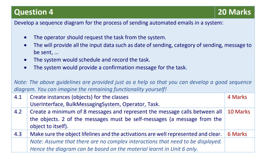 Develop a sequence diagram for the process of sending automated emails in a system:
- The operator should request the task fr