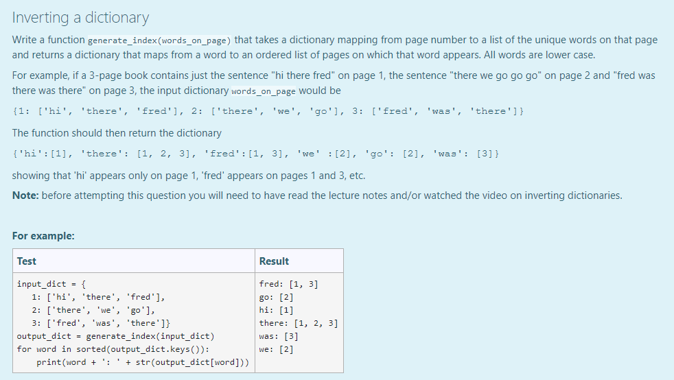 Solved Inverting a dictionary Write a function | Chegg.com