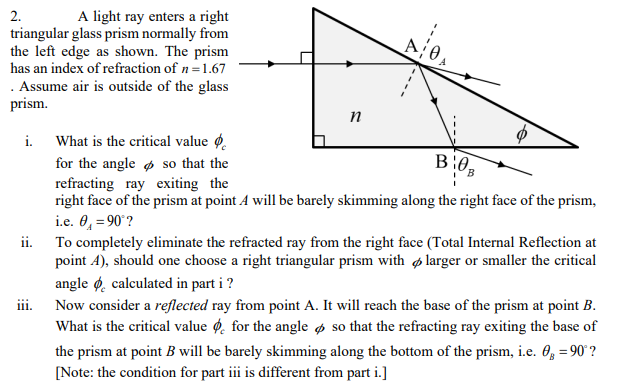 Solved B:03 2. A light ray enters a right triangular glass | Chegg.com