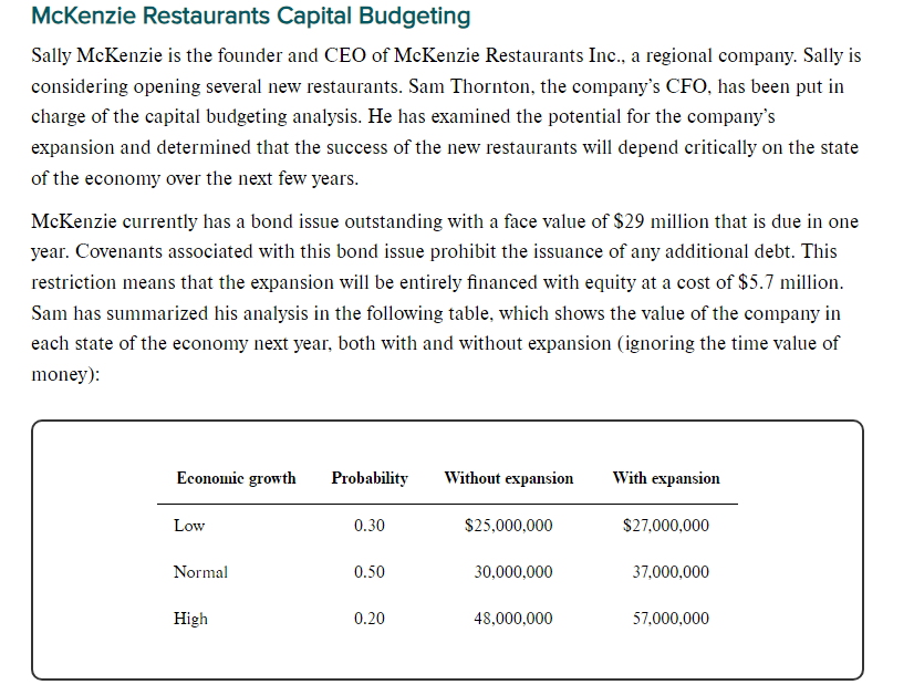 Solved McKenzie Restaurants Capital Budgeting Sally McKenzie