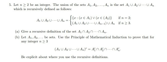 Solved 5 Let N 2 Be An Integer The Union Of The Sets A1 Chegg Com