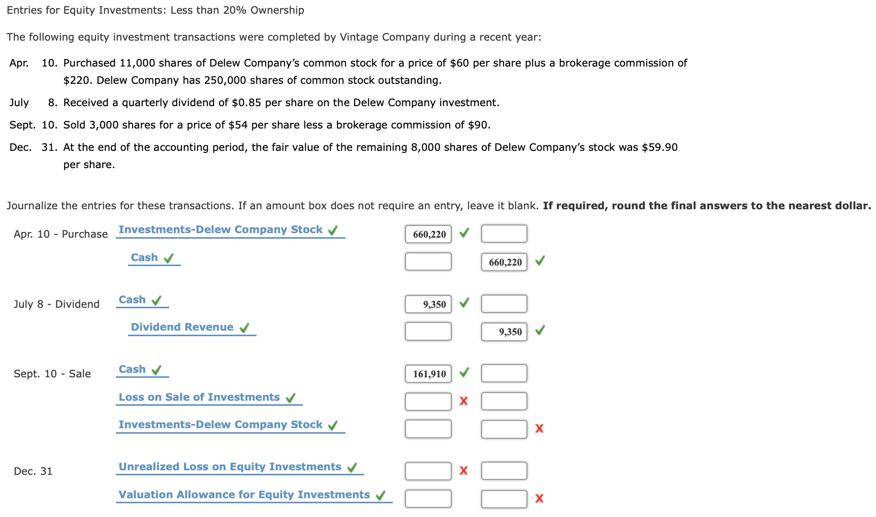 Solved Entries for Equity Investments Less than 20