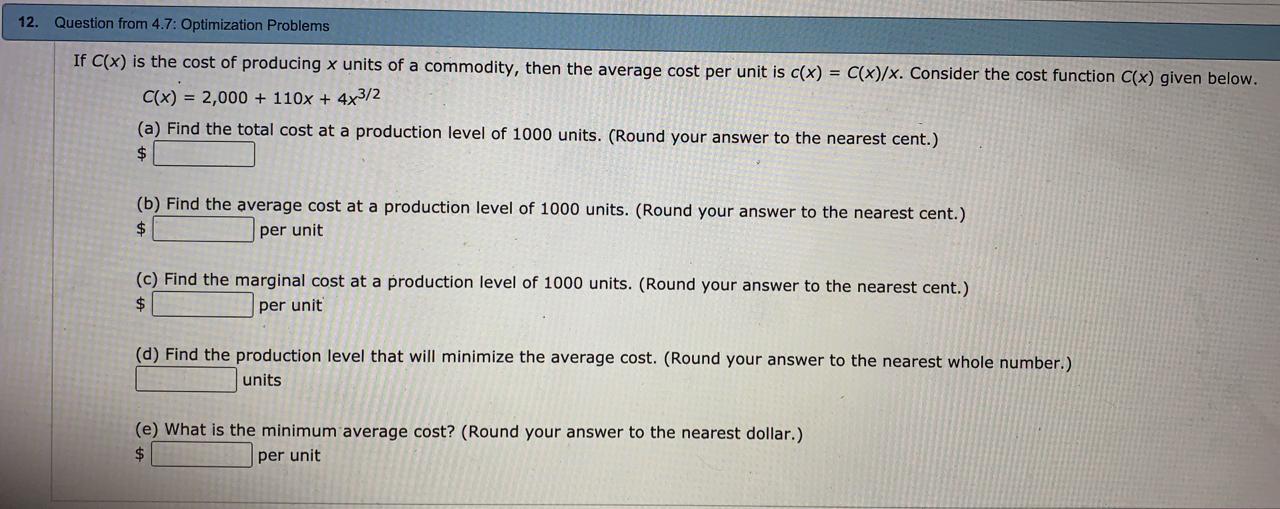 Solved 12. Question from 4.7: Optimization Problems If C(x) | Chegg.com