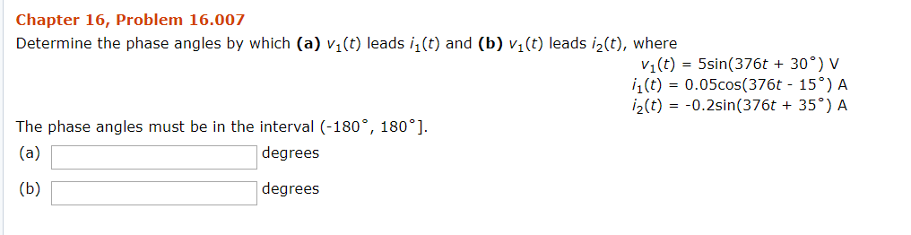 Solved Determine the phase angles by which (a) v1(t) leads | Chegg.com