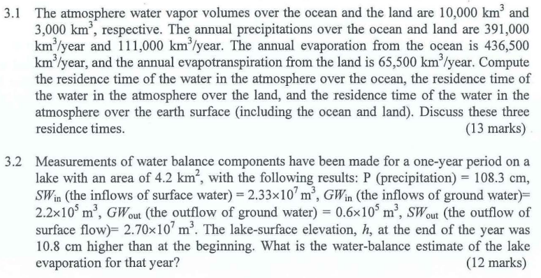 Solved .1 The atmosphere water vapor volumes over the ocean | Chegg.com