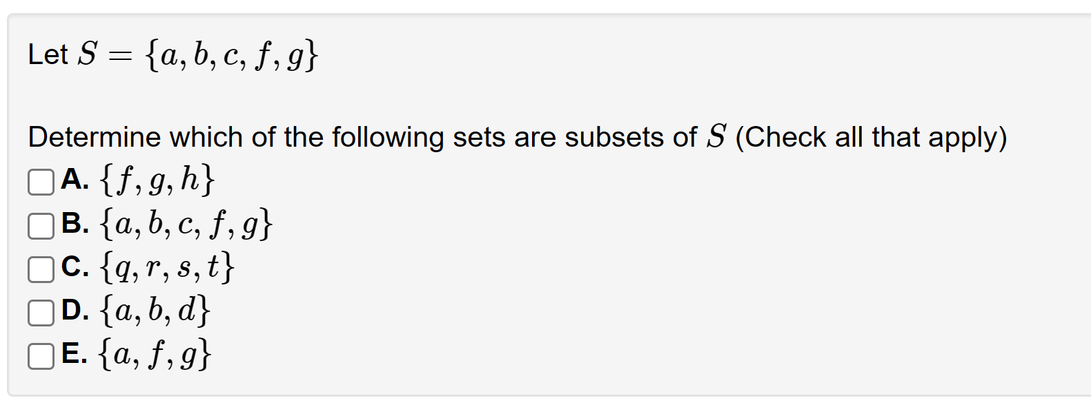 Solved Let S={a,b,c,f,g} Determine Which Of The Following | Chegg.com